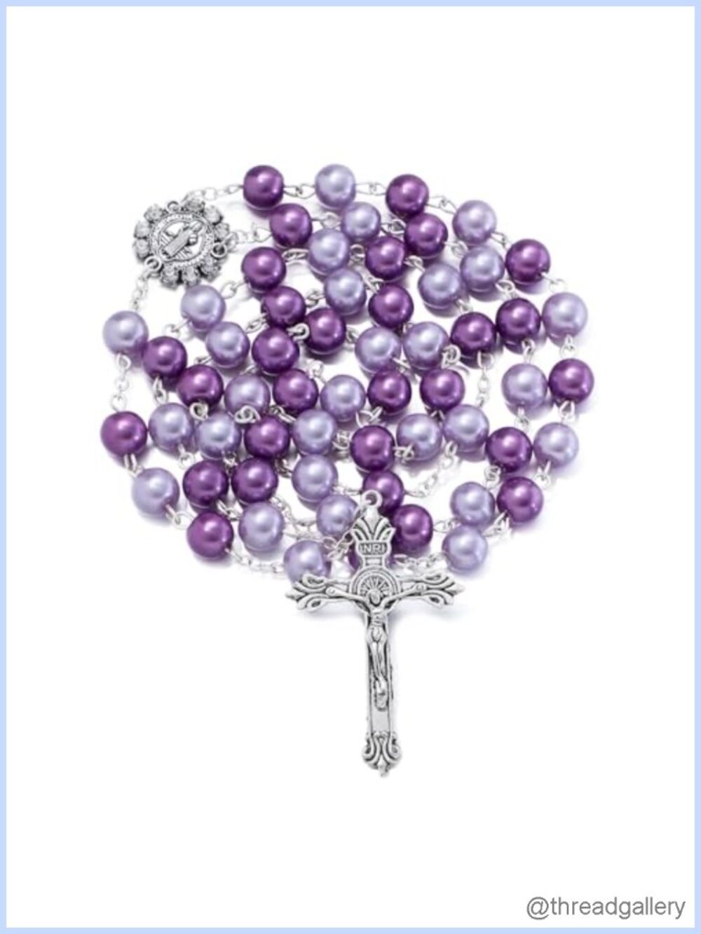 Catholic Rosary Glass Pearl Beaded Necklace St Benedict Crucifix 29"